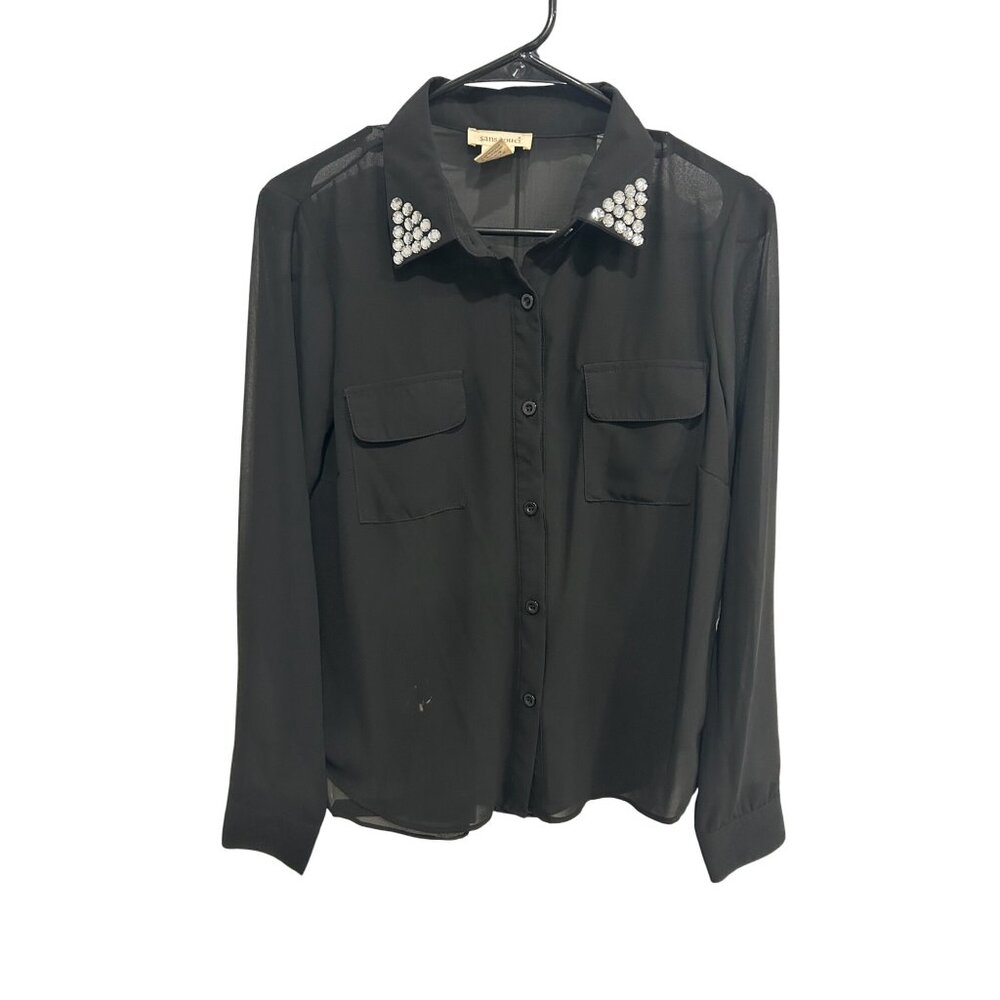 Sans Souci Sheer Long Sleeve Shirt Black Sz Medium Rhinestone Embellished Collar